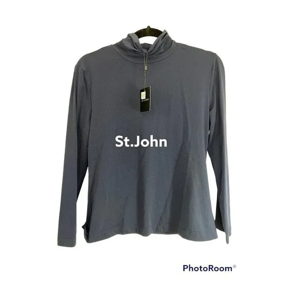 ST.JOHN Basic Shirt Navy Blue Mock Neck Turtle Neck NWTS $195 New Stretchy T - Picture 1 of 10